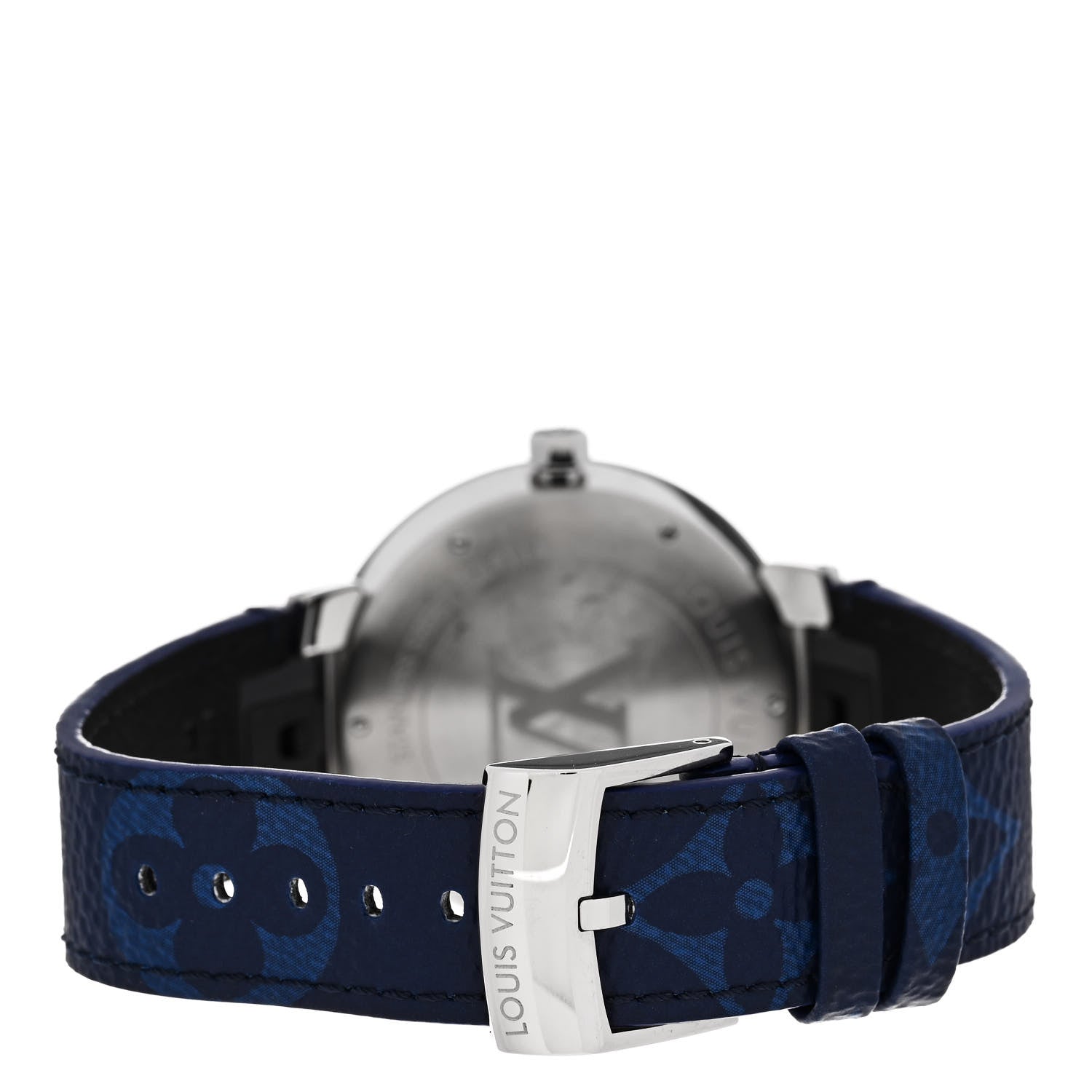 Louis Vuitton Stainless Steel Monogram 38mm Tambour Slim Quartz Watch Blue 3 of 5