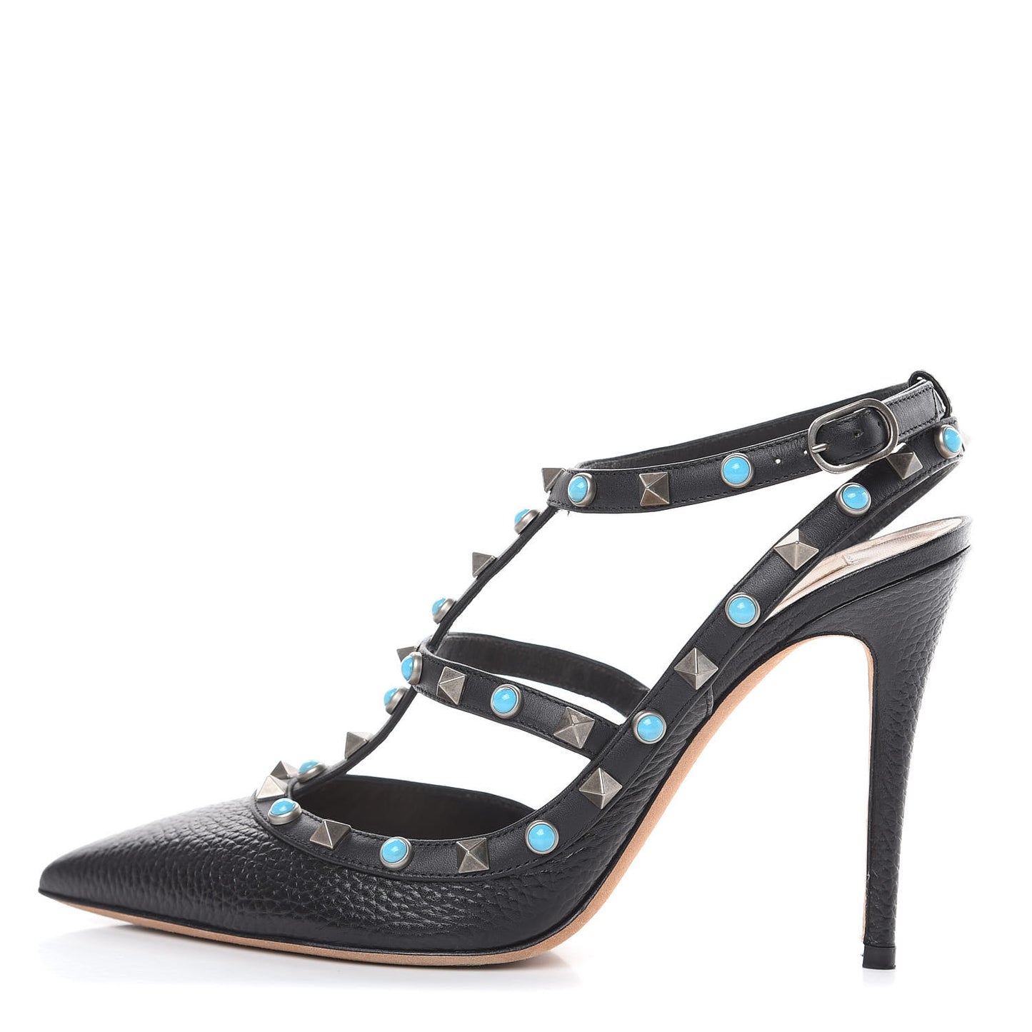 Pebbled Calfskin Turquoise Rockstud Rolling Ankle Strap 100mm Pumps 39.5 Black