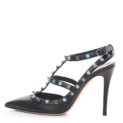 Valentino Garavani Pebbled Calfskin Turquoise Rockstud Rolling Ankle Strap 100mm Pumps 39.5 Black 1 of 15