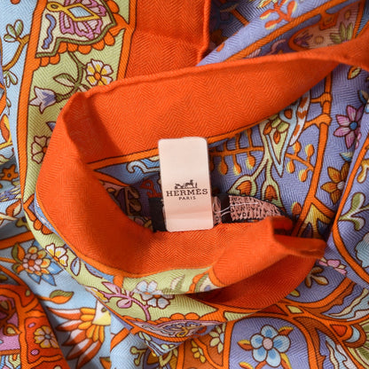 Hermes Cashmere Silk Au Pays Des Oiseaux Fleurs Shawl 140 Orange Bleu Vert 5 of 7