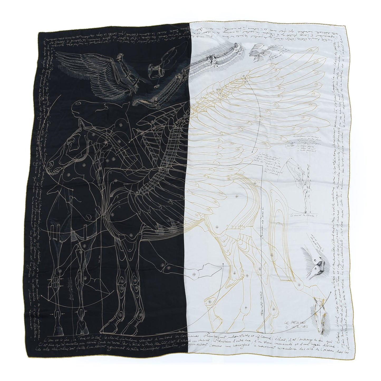 Silk Le Pegase d'Hermes Cut Wash 140 Scarf Black White Or