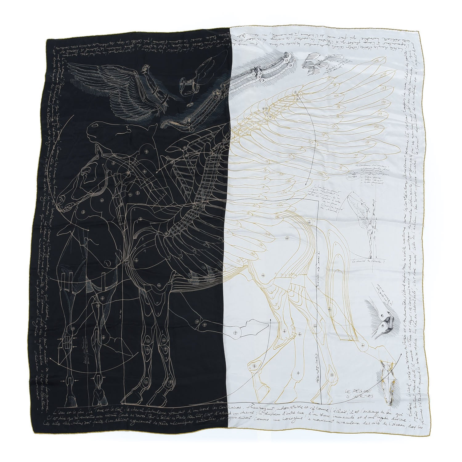 Hermes Silk Le Pegase d'Hermes Cut Wash 140 Scarf Black White Or 1 of 6