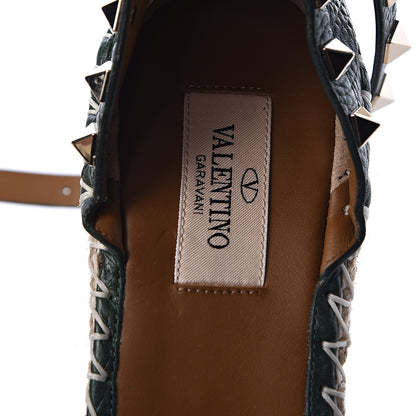 Valentino Garavani Grained Calfskin Rockstud Ankle Strap Espadrille 15/105mm Wedge Sandals 38 Army Green Natural 8 of 12