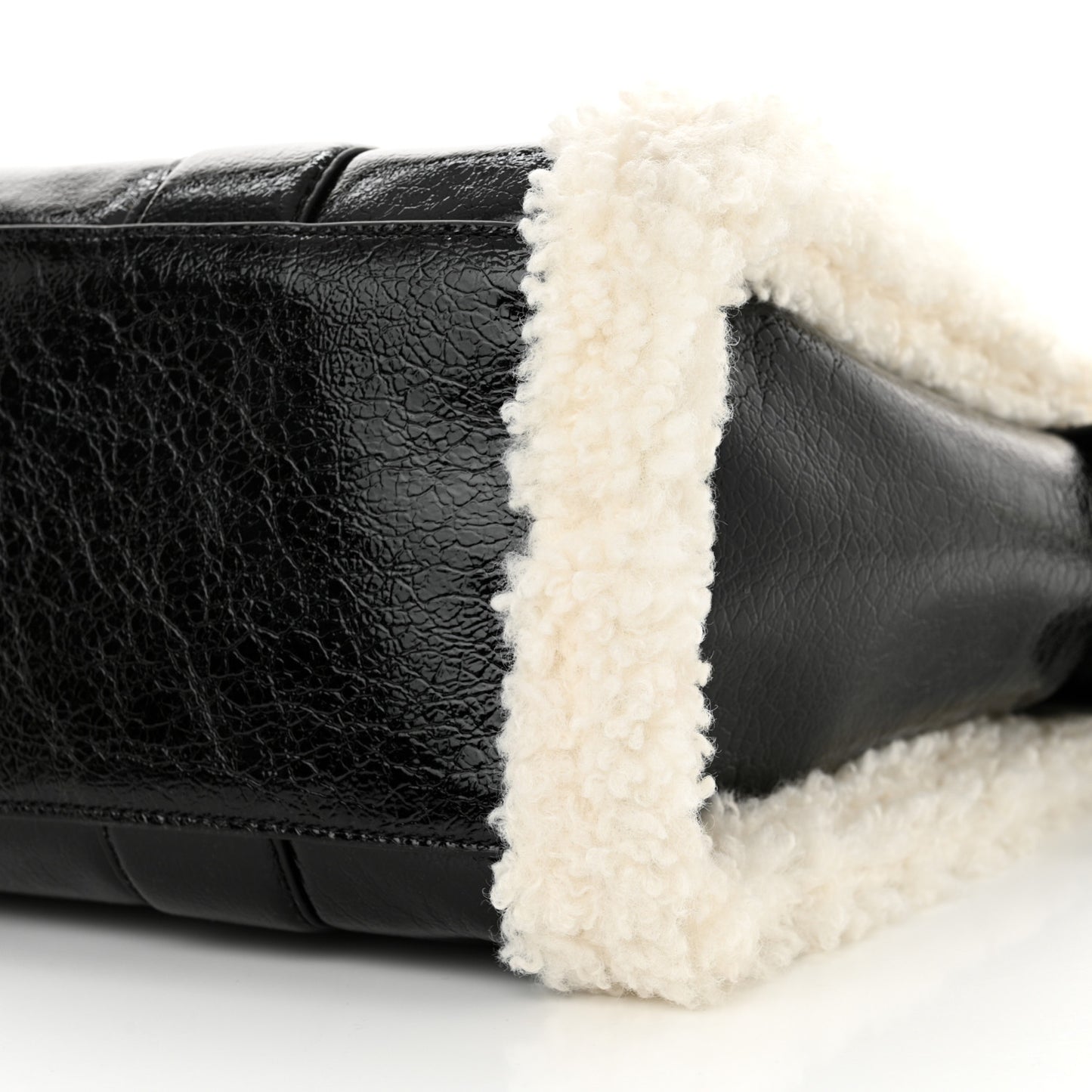 Shiny Calfskin Faux Shearling Large The Traveler Tote Bag Black