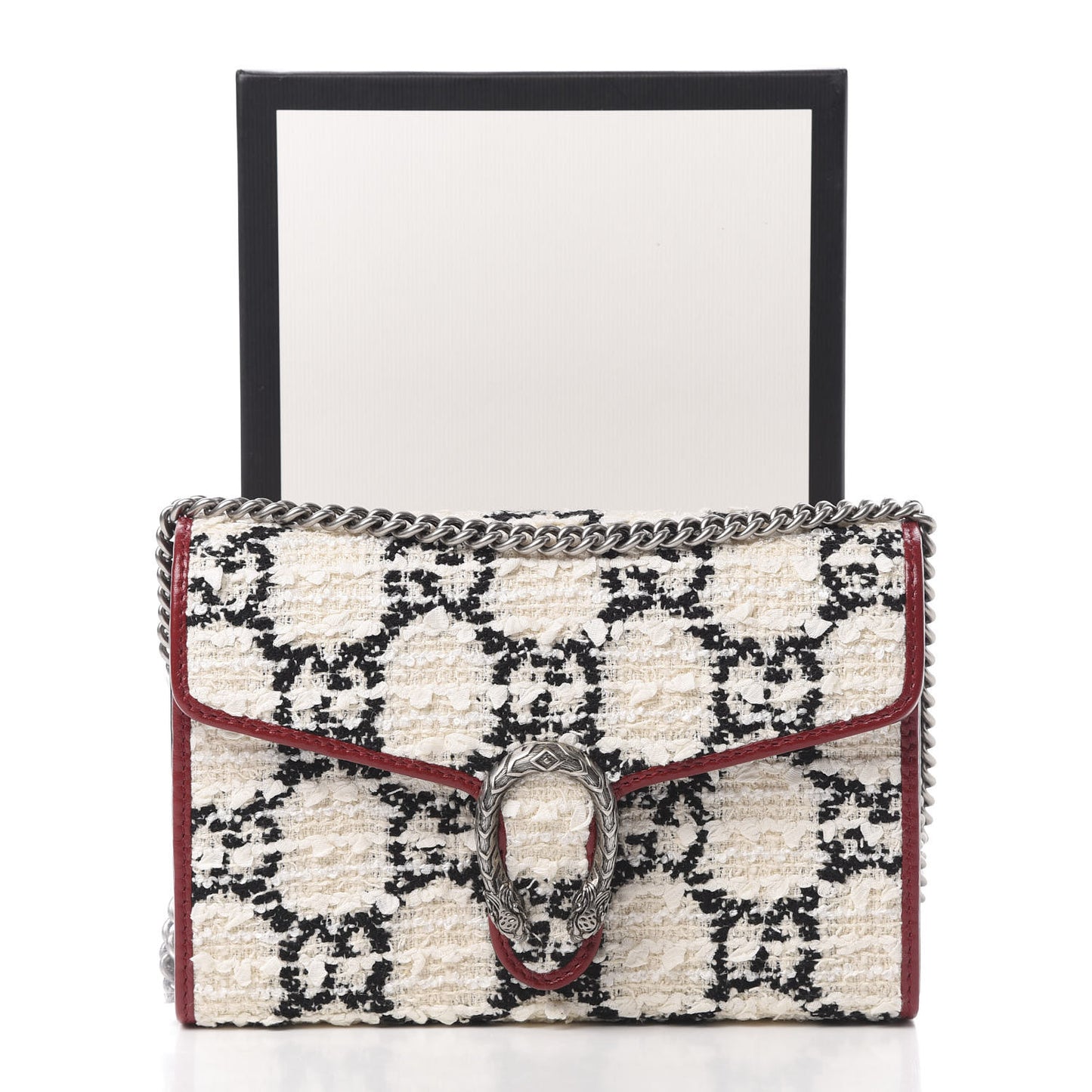 Tweed GG Monogram Mini Dionysus Chain Wallet White Black Romantic Cherry