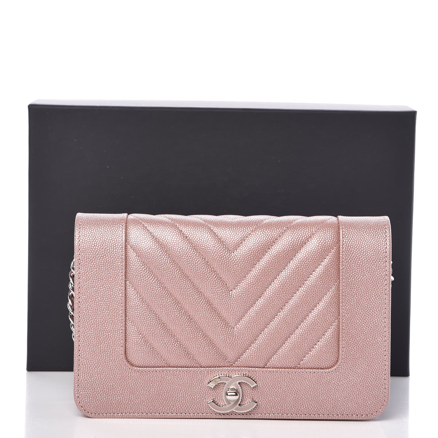 Metallic Caviar Chevron Quilted Vintage Mademoiselle Wallet On Chain WOC Pink