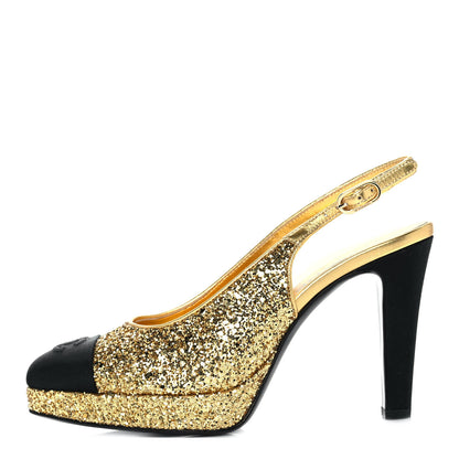 Chanel Glitter Grosgrain Cap Toe CC Slingback Pumps 38 Gold Black 1 of 9