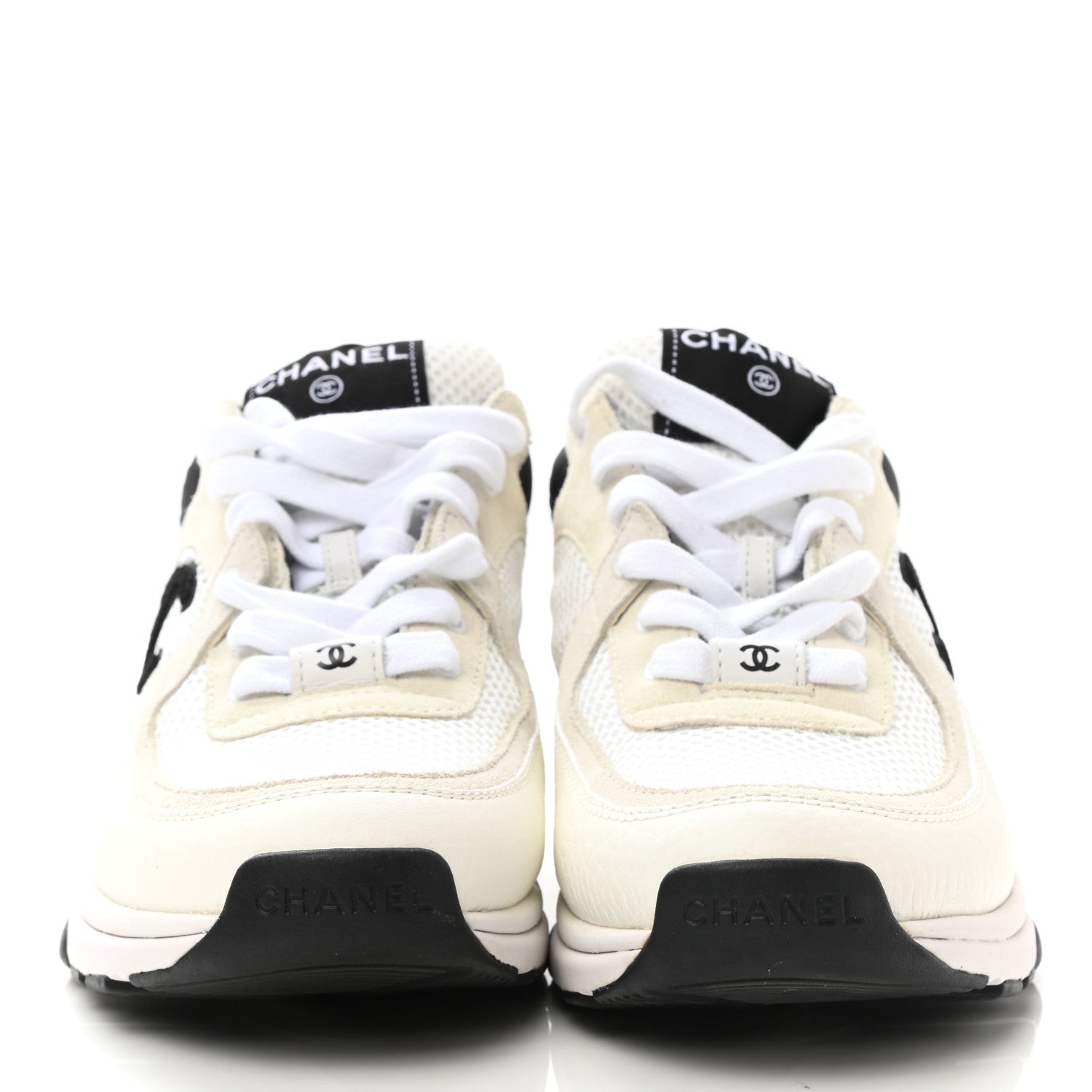 Chanel Mesh Suede Calfskin Grained Calfskin Womens CC Sneakers 37 White Black 2 of 9