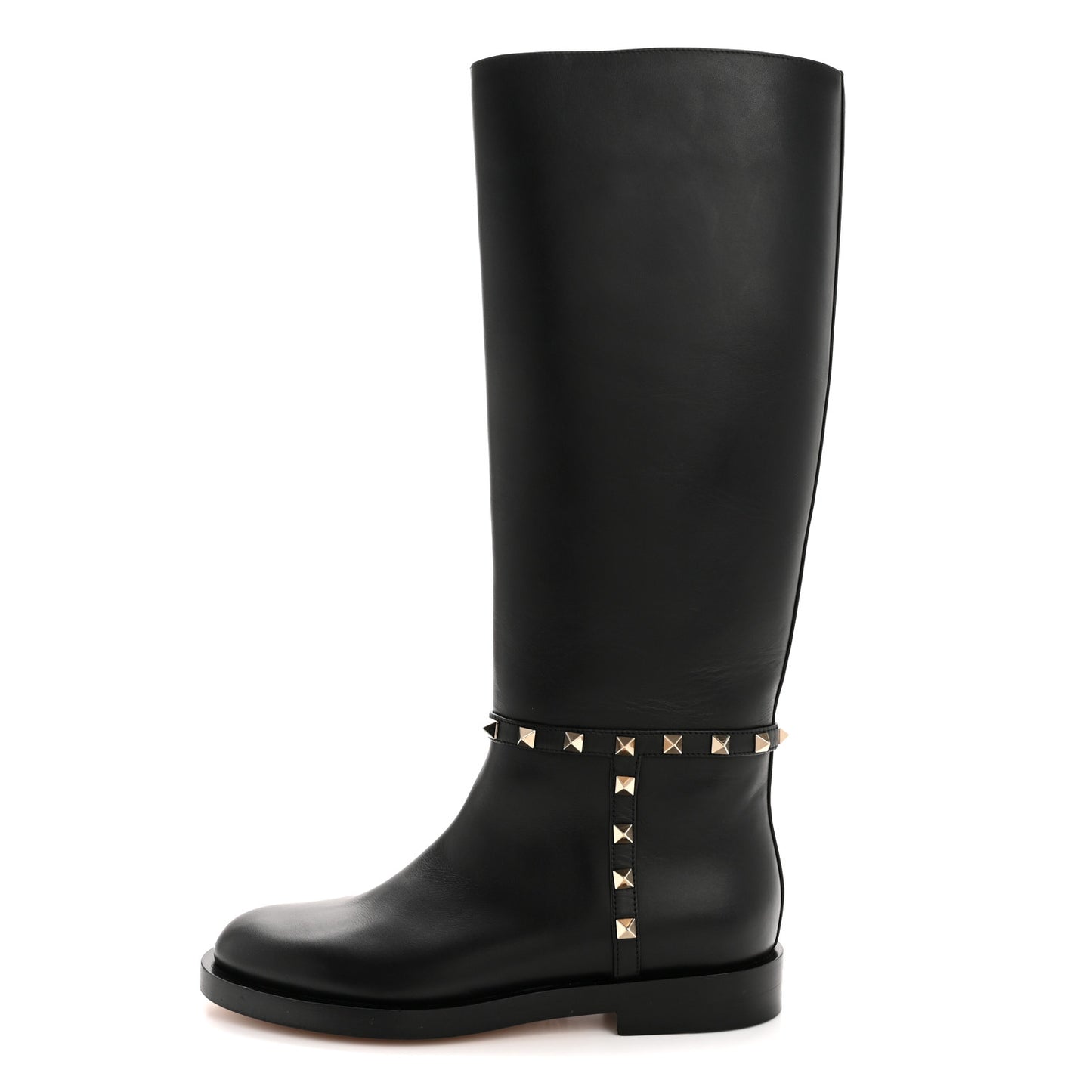 Calfskin Rockstud Knee High Flat Boots 36 Black