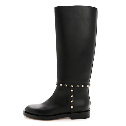 Valentino Garavani Calfskin Rockstud Knee High Flat Boots 36 Black 1 of 10