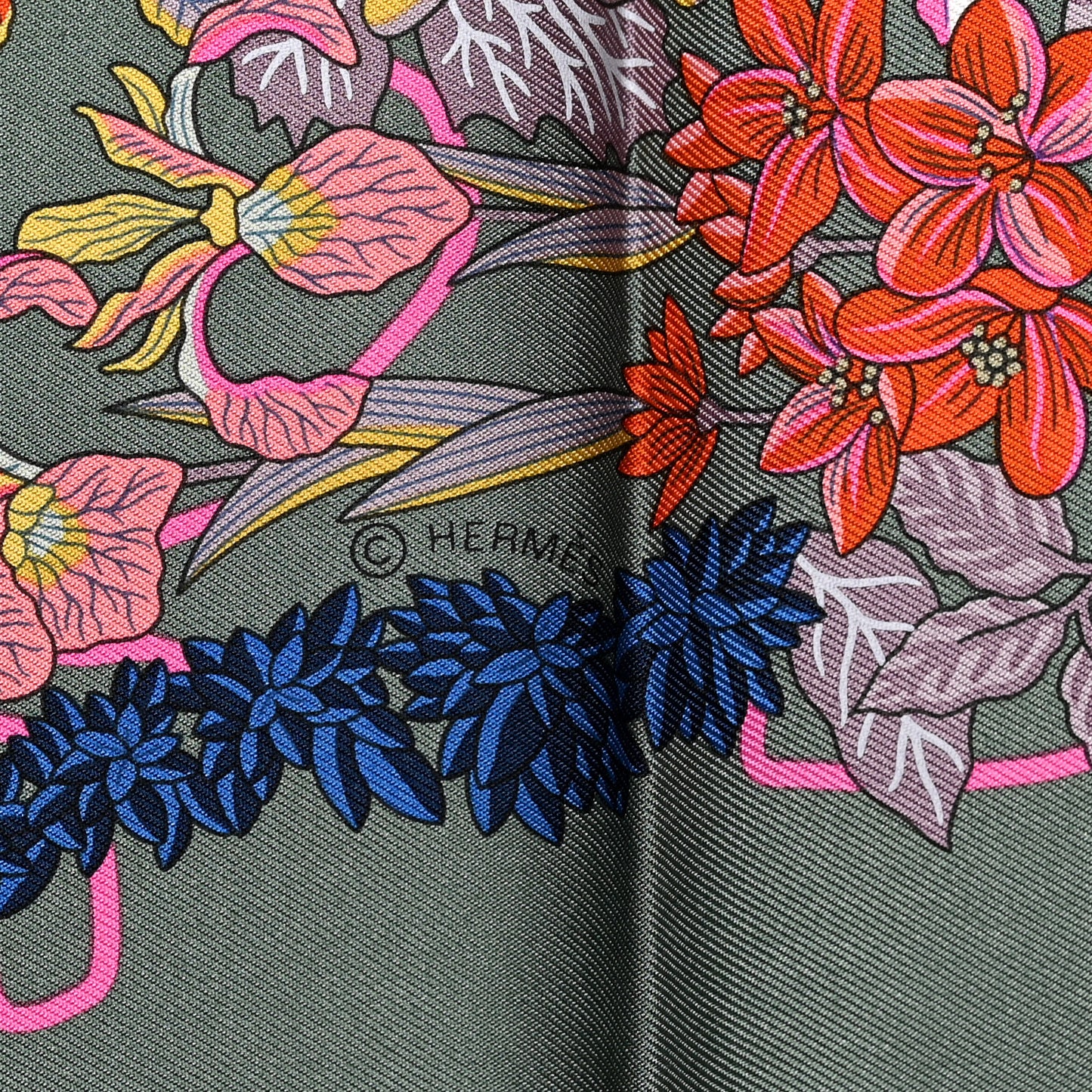 Silk Planifleurs Scarf 90 Vert Amande Rose Bleu