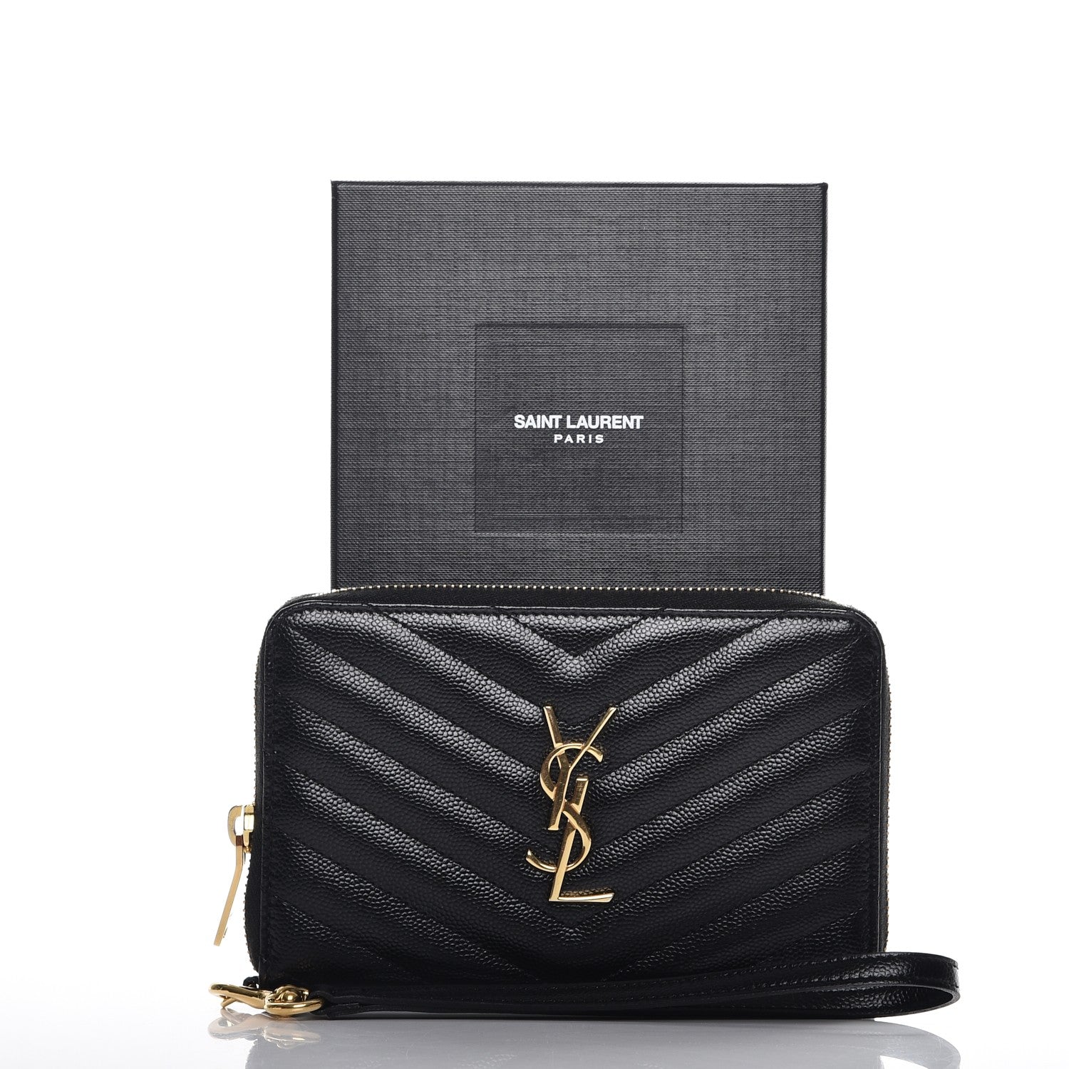 Saint Laurent Grain De Poudre Matelasse Chevron Monogram Phone Wallet Black 9 of 9