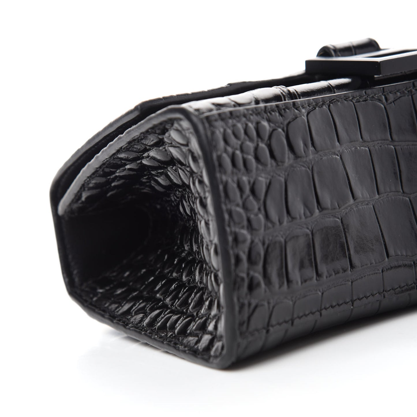 Shiny Calfskin Monochrome Crocodile Embossed Hourglass Top Handle Bag XS Black