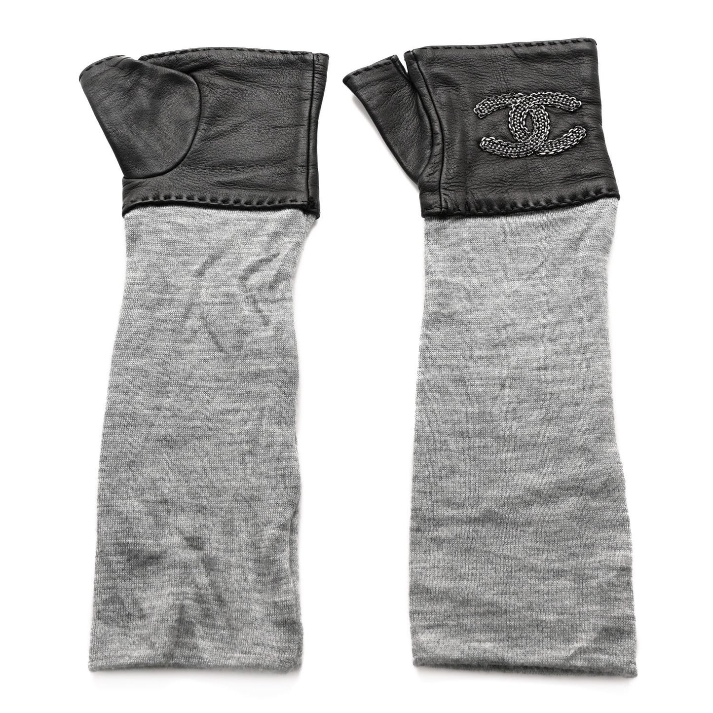 Lambskin Cashmere Silk CC Fingerless Gloves Black Grey