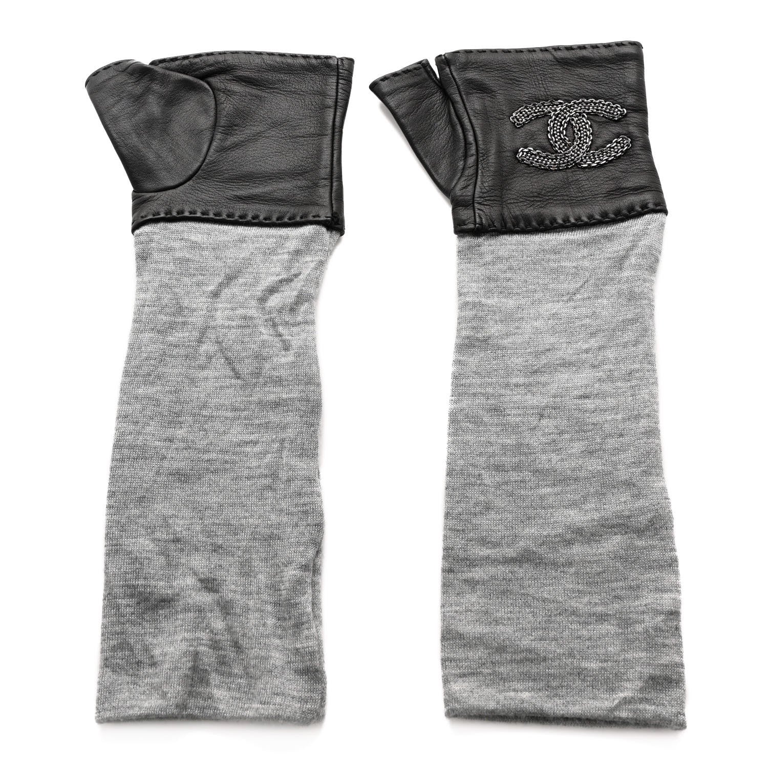 Chanel Lambskin Cashmere Silk CC Fingerless Gloves Black Grey 2 of 8