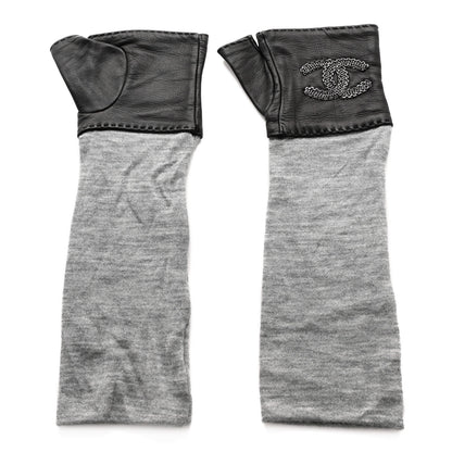Chanel Lambskin Cashmere Silk CC Fingerless Gloves Black Grey 2 of 8