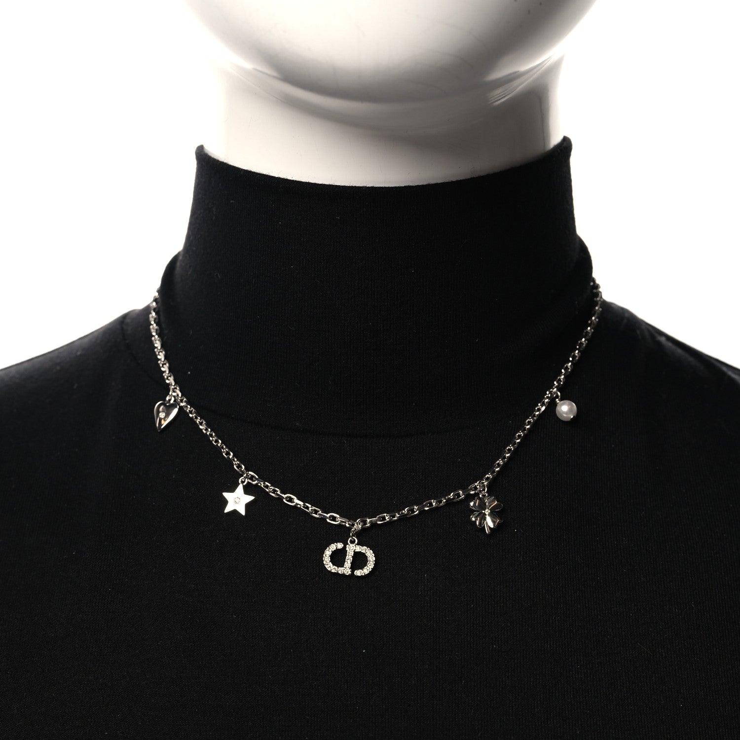 Christian Dior Crystal Petit CD Lucky Charms Necklace Silver 2 of 5