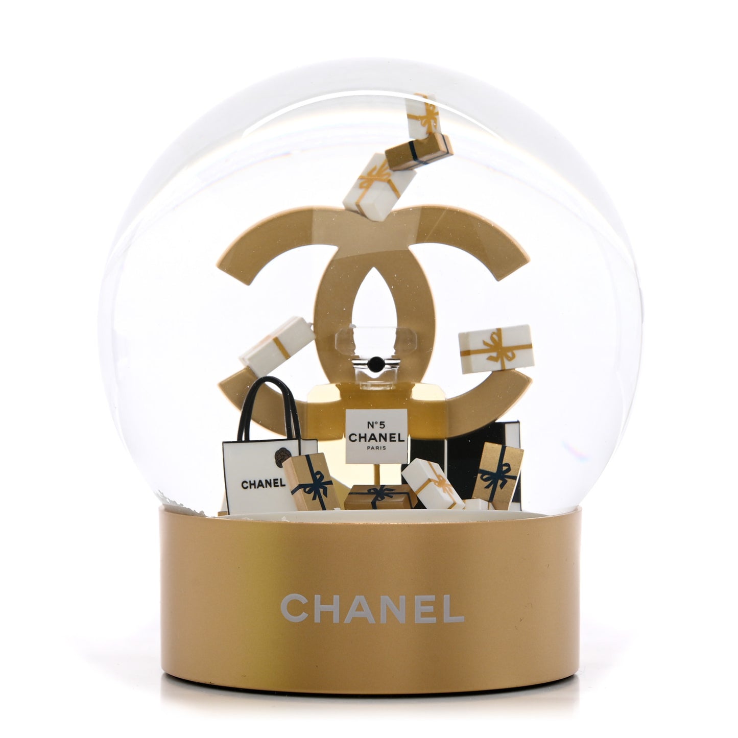 Glass CC Shopping Bag Snow Globe Gold