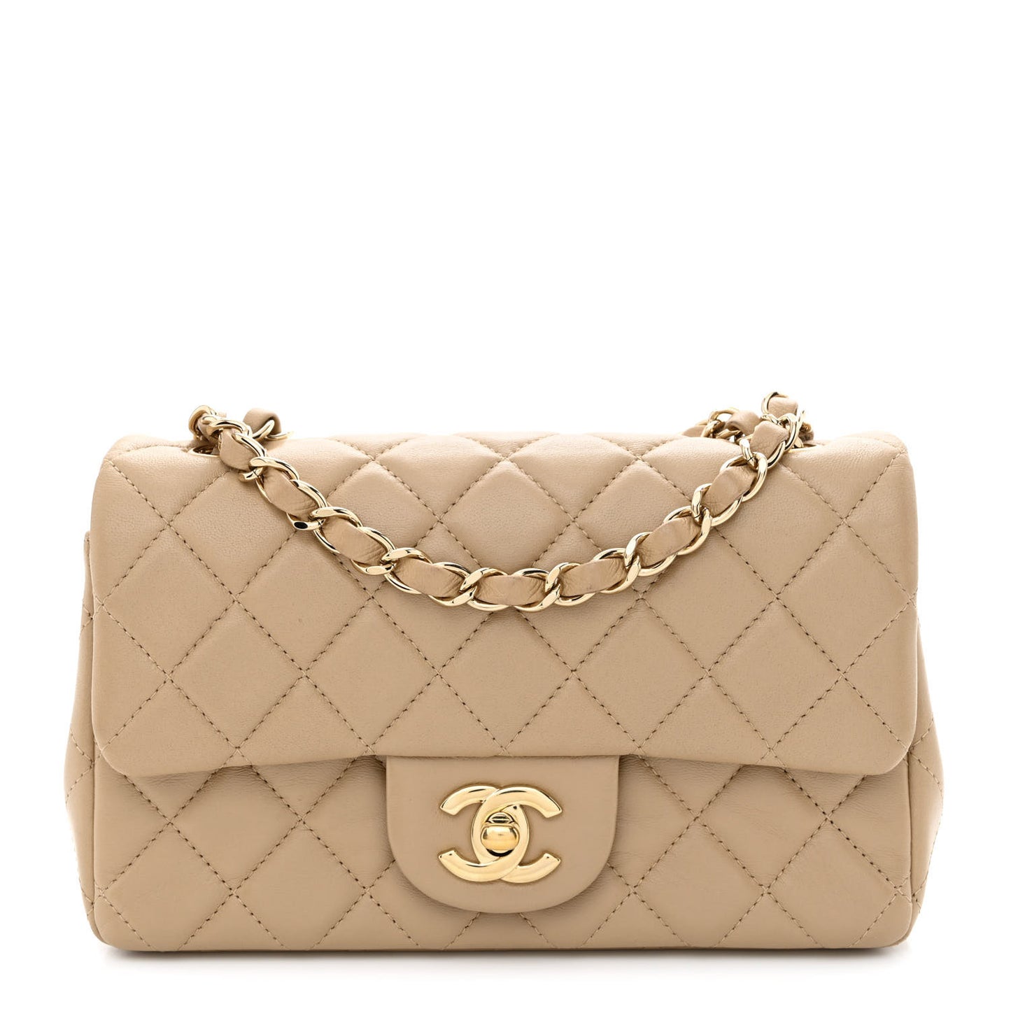 Lambskin Quilted Mini Rectangular Flap Dark Beige