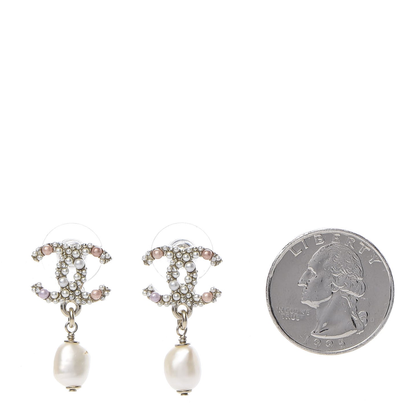 Pearl Crystal CC Charm Drop Earrings Light Gold Pink