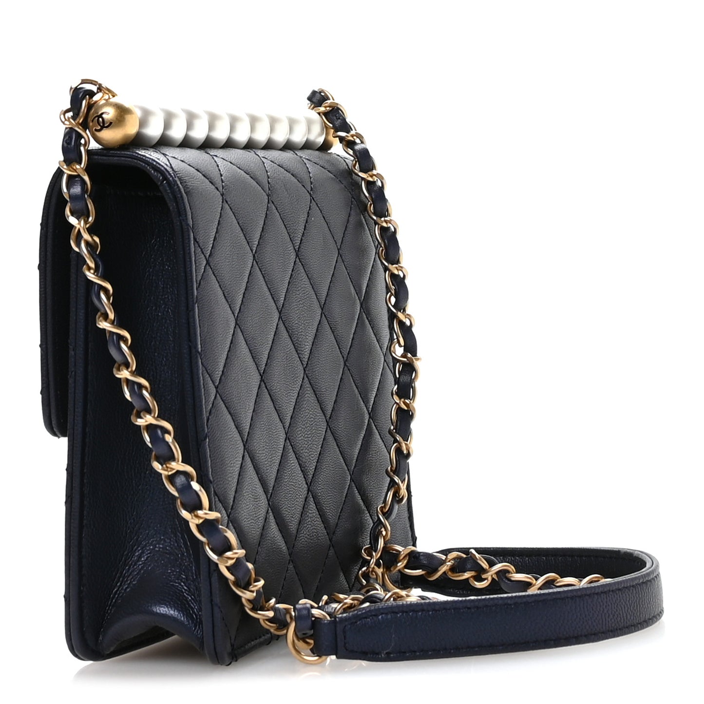 Iridescent Lambskin Quilted Chic Pearls Flap Navy Blue