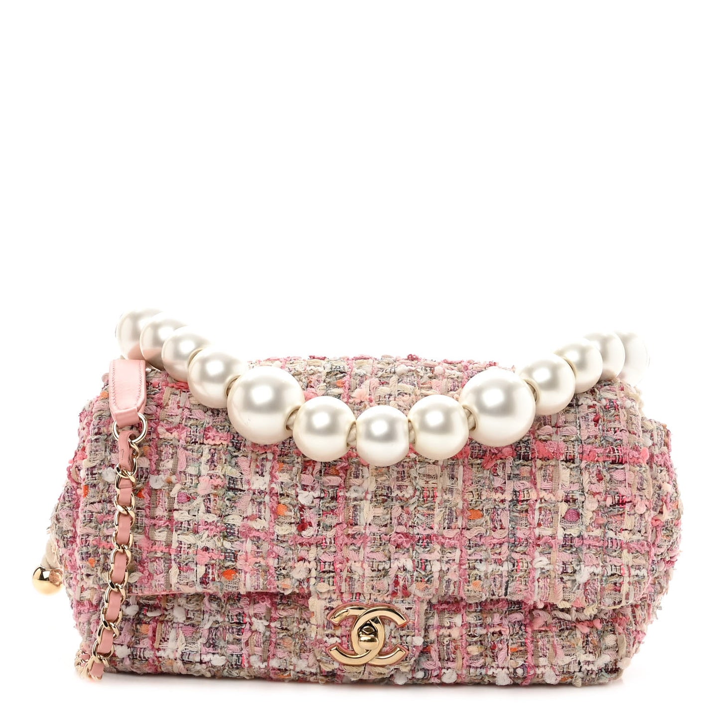 Tweed Mini Pearl Handle Flap Pink Beige Orange Ecru