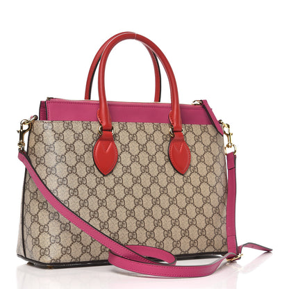 Gucci GG Supreme Monogram Moon Calfskin Small Zip Top Tote Beige Ebony Hibiscus Red New Rosette 3 of 7