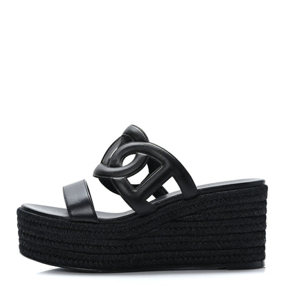Hermes Nappa Ithea Espadrille Wedge Sandals 39 Black 1 of 8