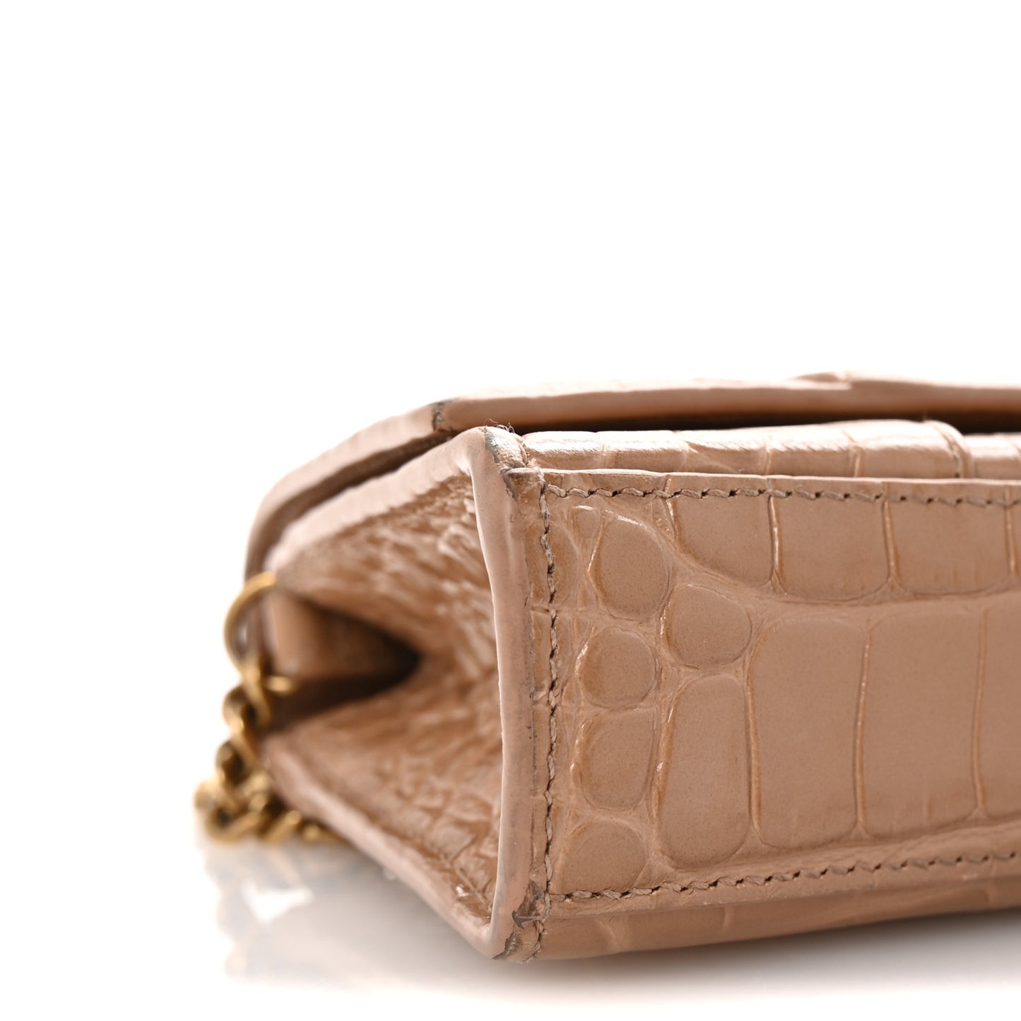 Shiny Calfskin Crocodile Embossed Hourglass Wallet on Chain Nude Beige