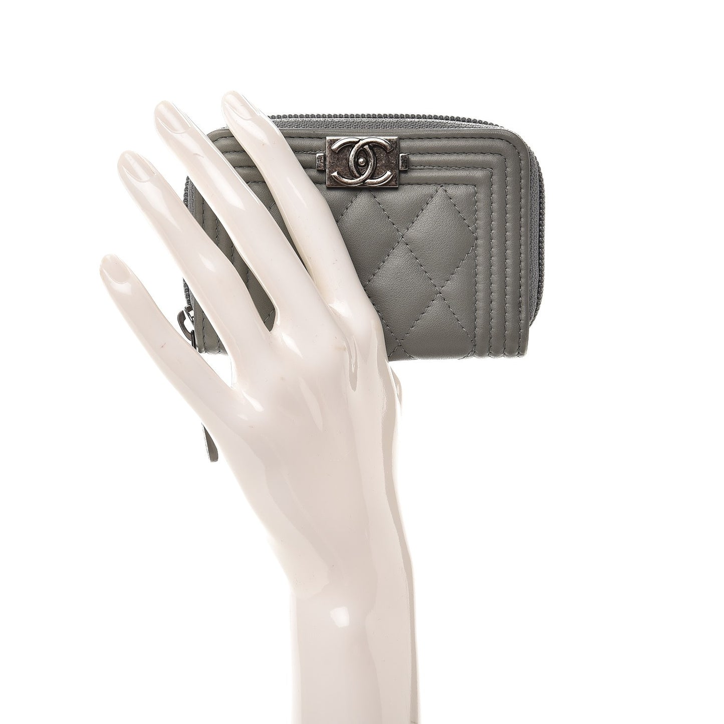 Lambskin Quilted Boy Zip Around Coin Purse Wallet Grey