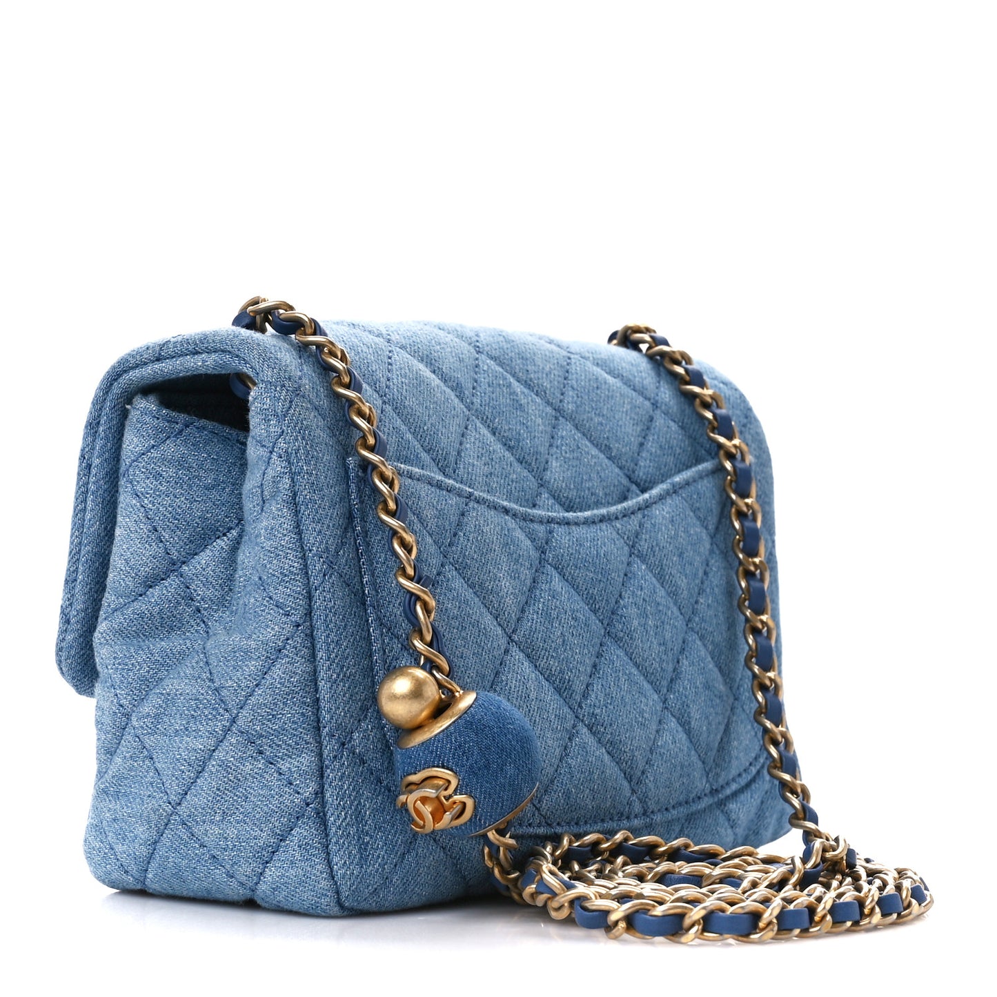 Denim Quilted Mini Pearl Crush Flap Blue