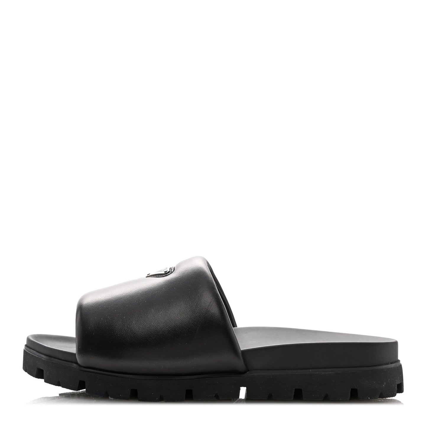 Nappa Soft Padded Metal Triangle Logo Mens Slide Sandals 10 Black