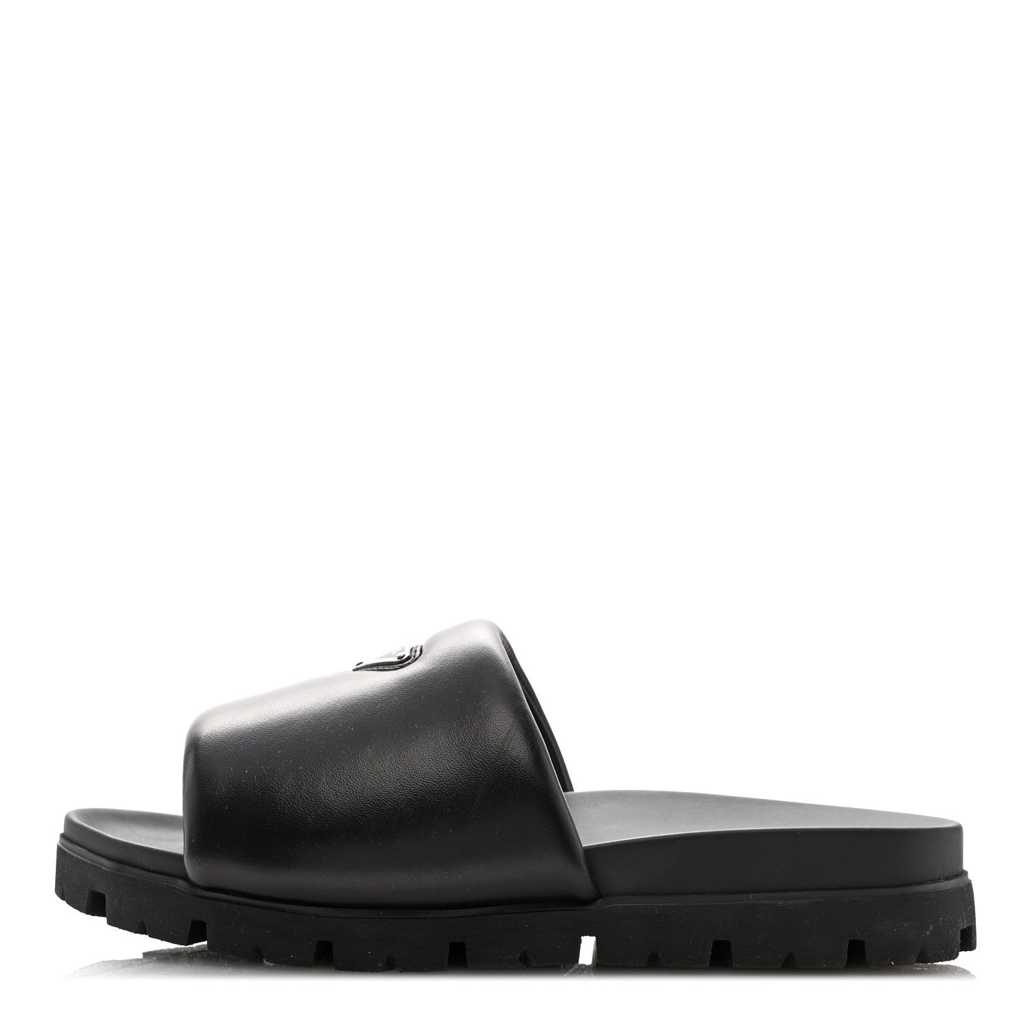 Prada Nappa Soft Padded Metal Triangle Logo Mens Slide Sandals 10 Black 1 of 9
