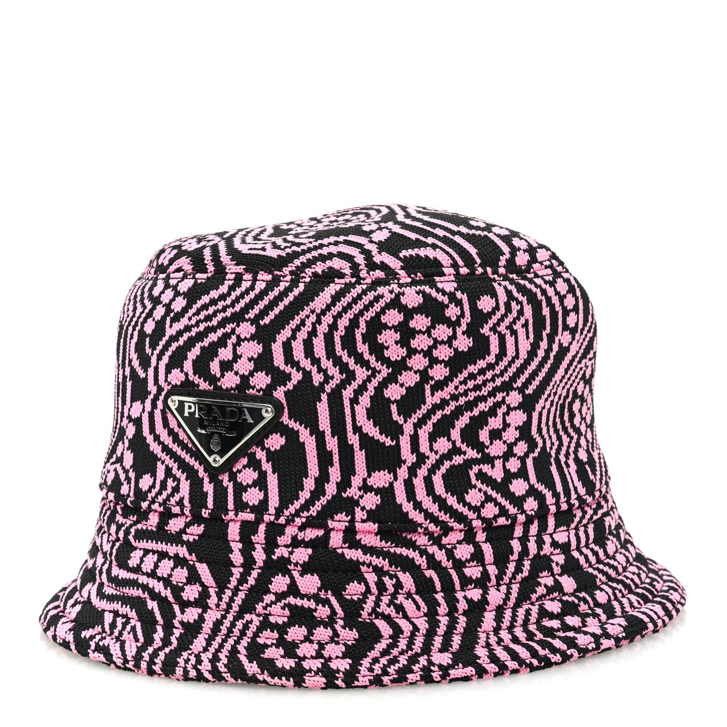 Prada Maglia Jacquard Metal Triangle Logo Womens Bucket Hat M Black Rosa 1 of 8