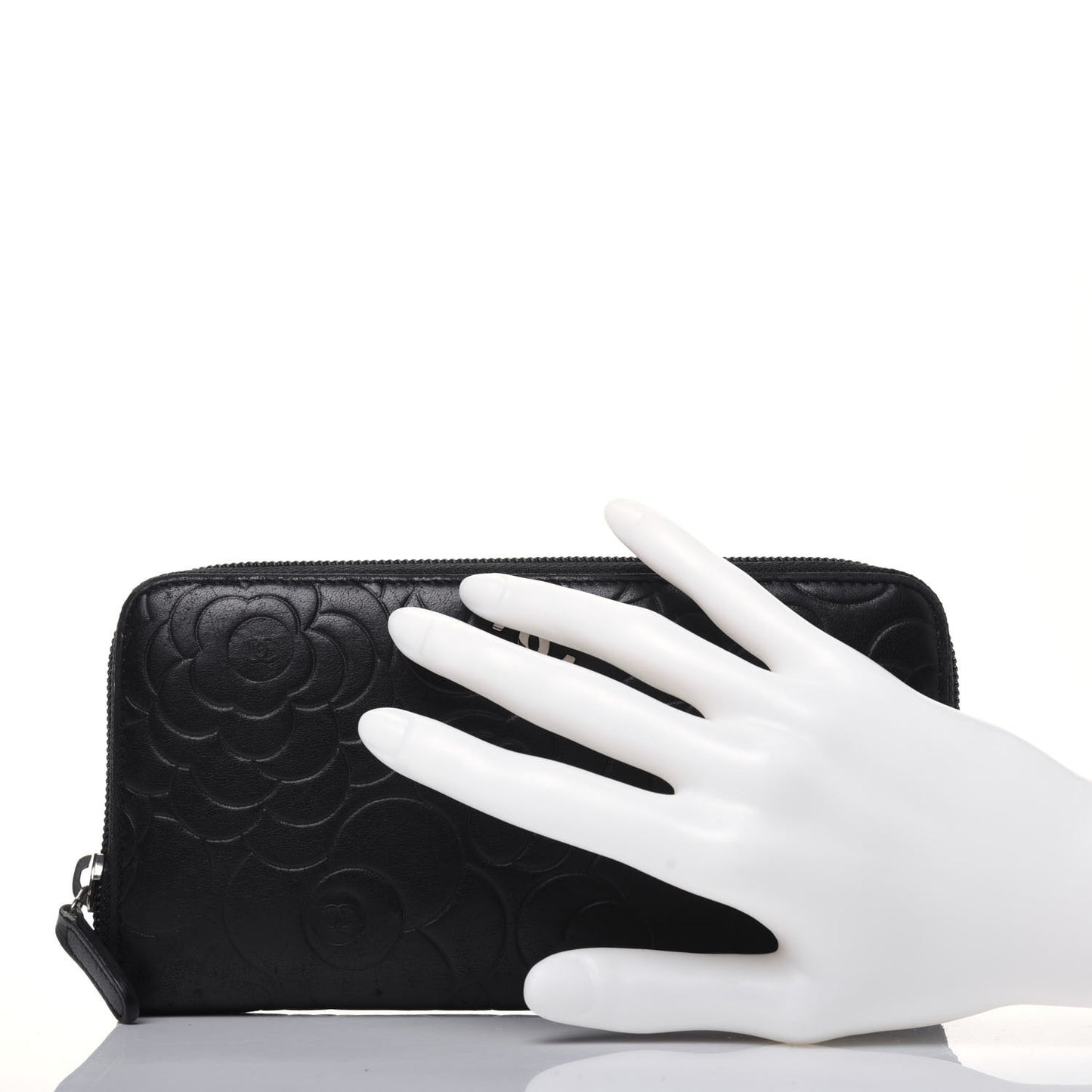 Lambskin Camellia Embossed Large Zip Around Gusset Wallet Black