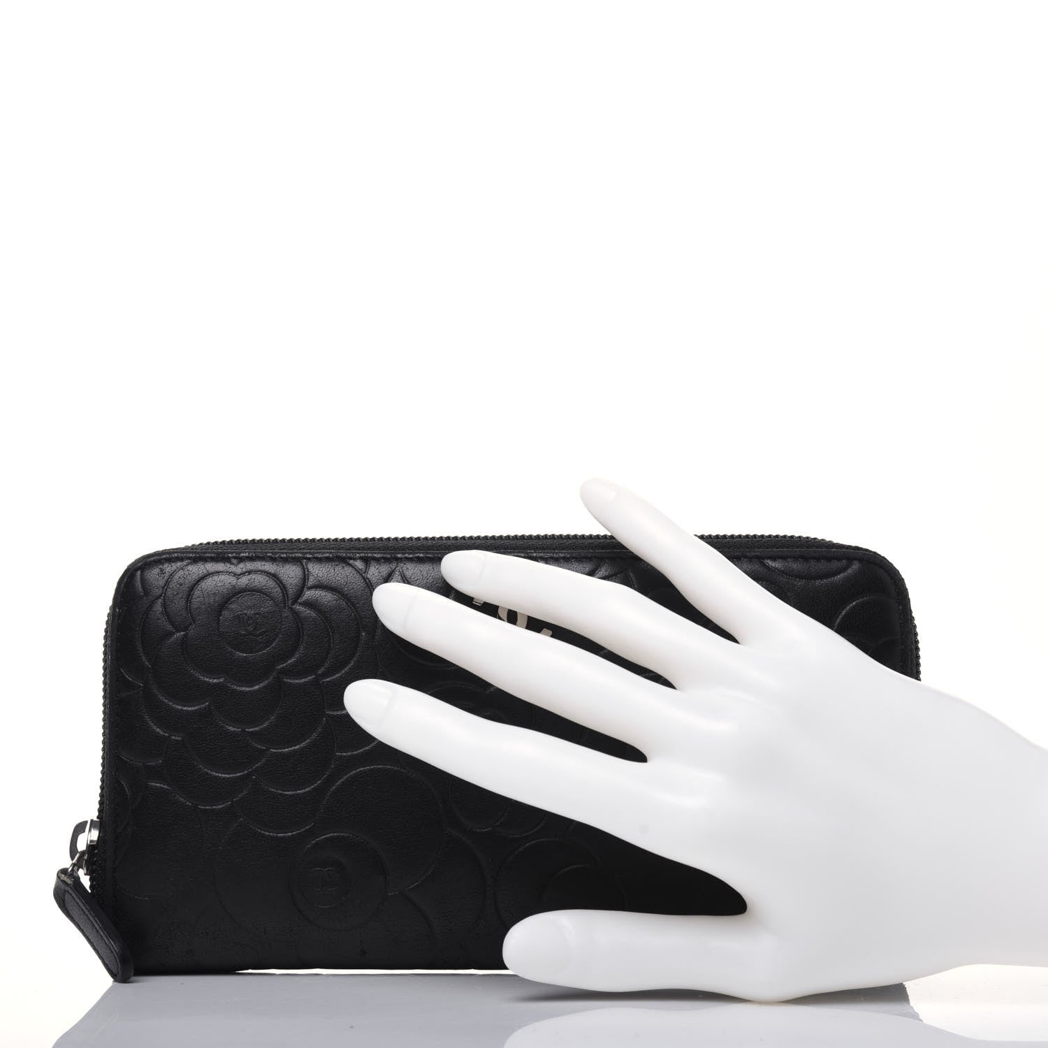 Chanel Lambskin Camellia Embossed Large Zip Around Gusset Wallet Black 2 of 19