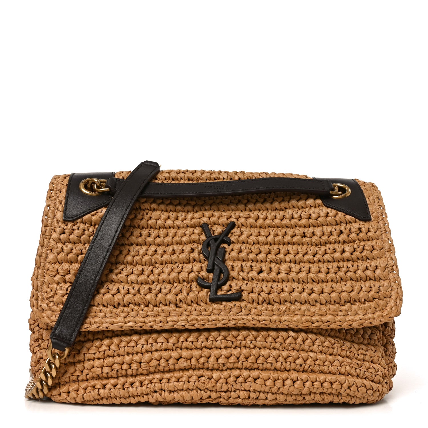 Saint Laurent Raffia Calfskin Monogram Medium Niki Chain Satchel Natural 1 of 10