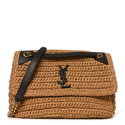 Saint Laurent Raffia Calfskin Monogram Medium Niki Chain Satchel Natural 1 of 10