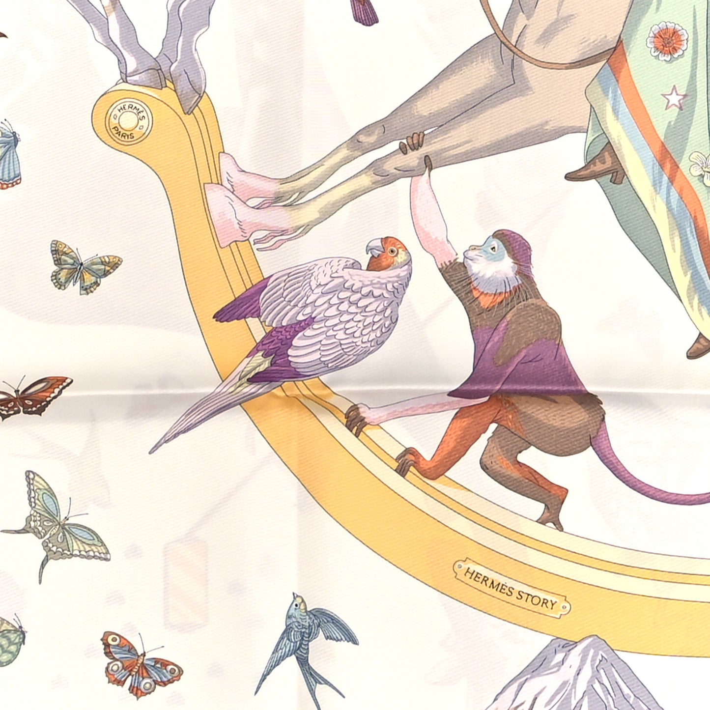 Silk Hermes Story Scarf 90 White Beige Multicolor