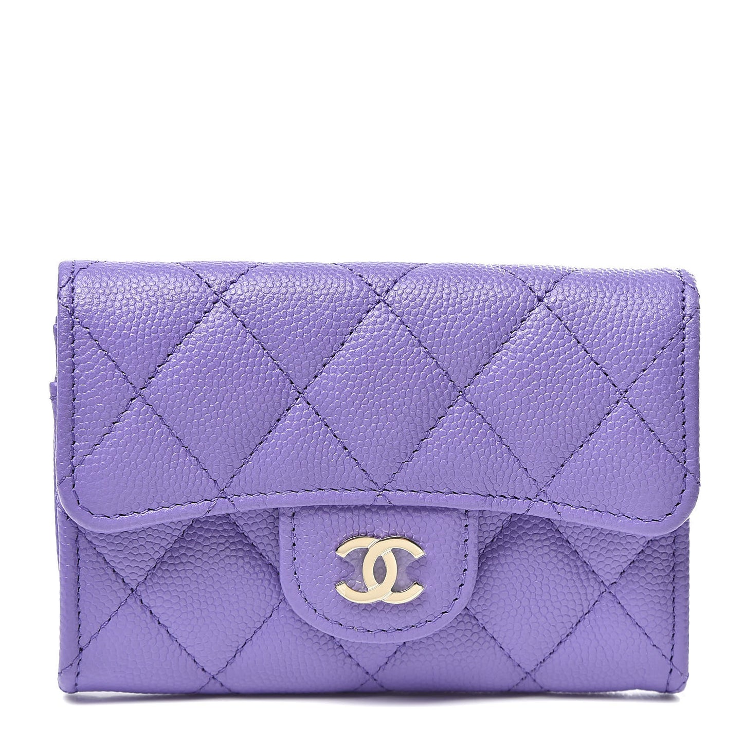 Caviar Quilted Flap Card Holder Wallet Purple