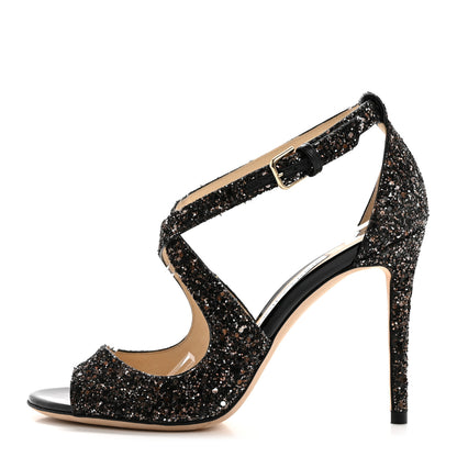 Jimmy Choo Coarse Glitter Emily 100 Sandals 37.5 Black 1 of 7