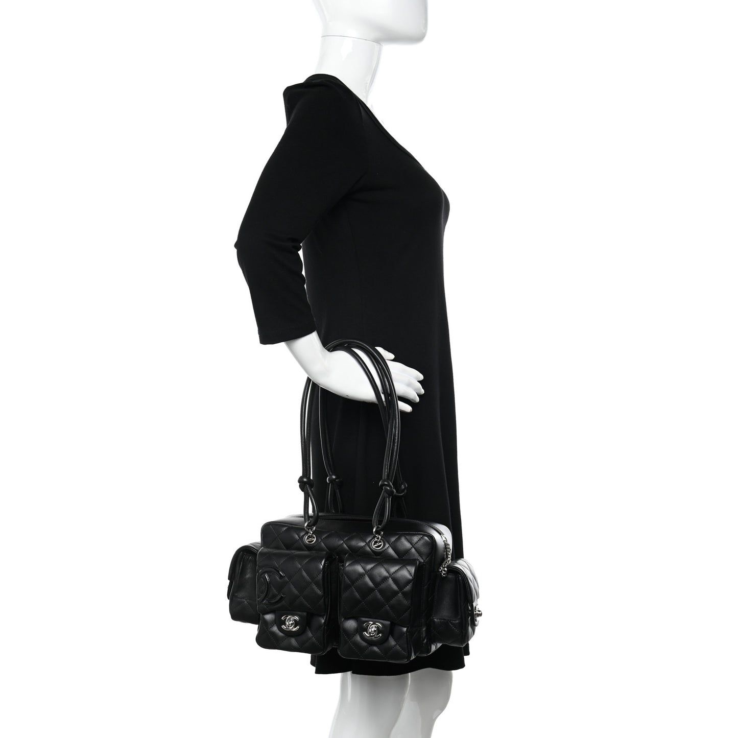 Calfskin Quilted Large Cambon Multipocket Reporter Black