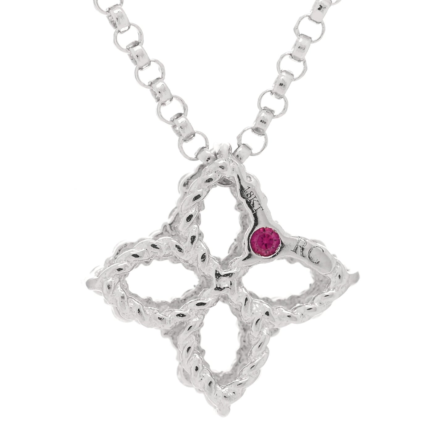 18K White Gold Diamond Small Princess Open Flower Pendant Necklace