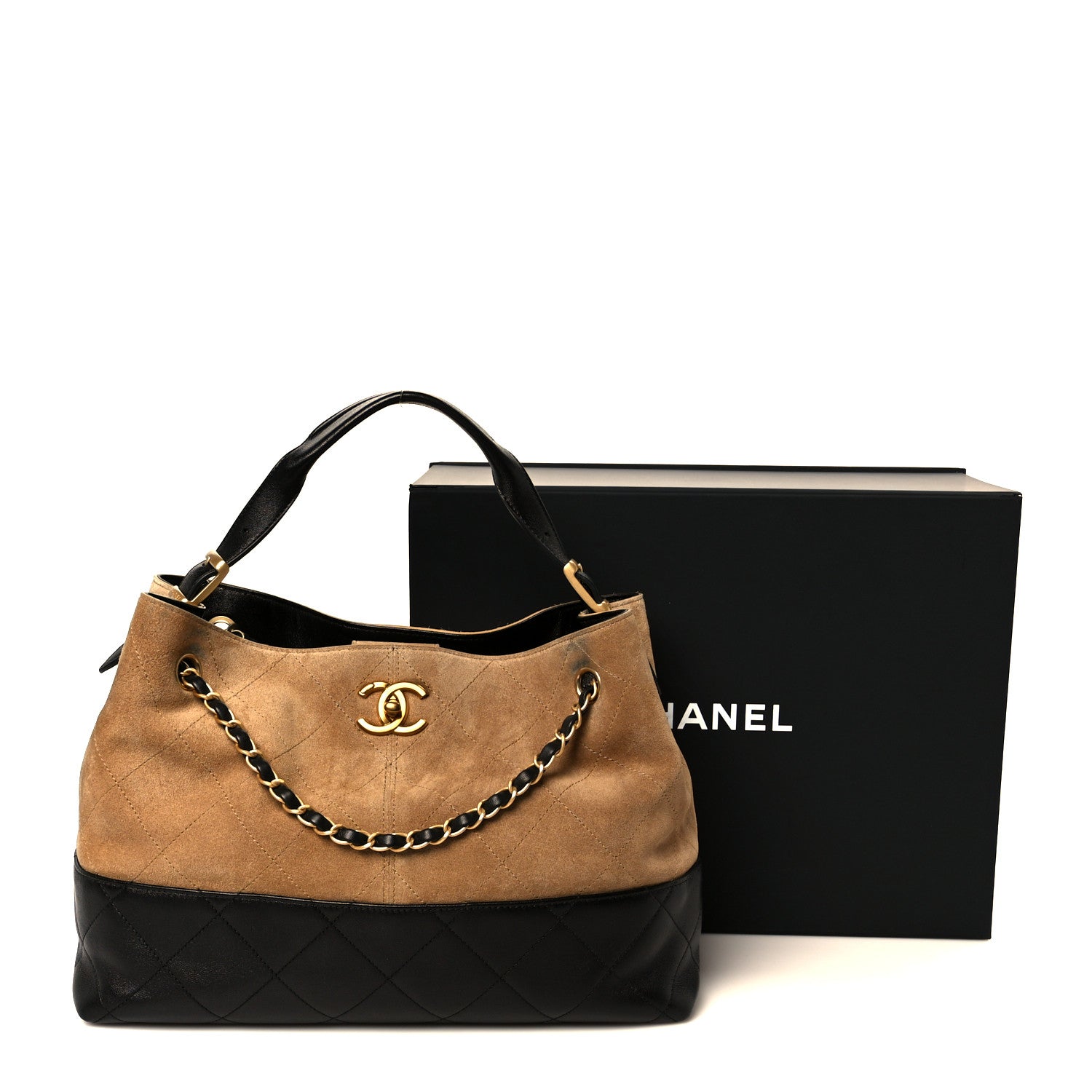 Chanel Suede Calfskin Shiny Lambskin Quilted Small Coco Base Shopping Bag Beige Black 11 of 11