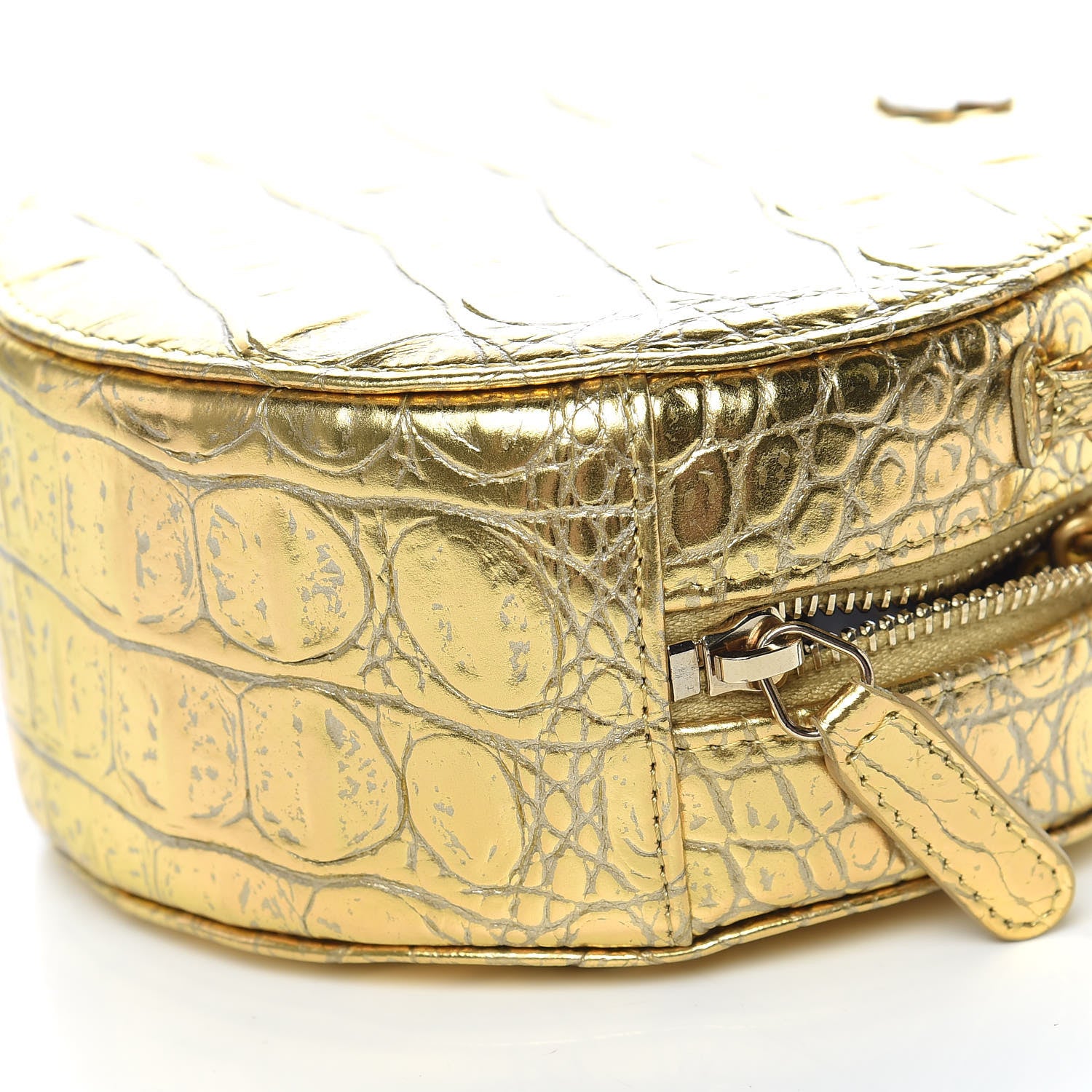 Chanel Metallic Calfskin Crocodile Embossed Cocodile Round Clutch with Chain Gold 9 of 10