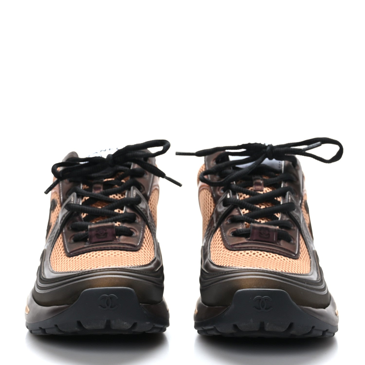 Chanel Fabric Laminated Calfskin Stretch CC Womens Sneakers 38 Brown Dark Grey 2 of 8