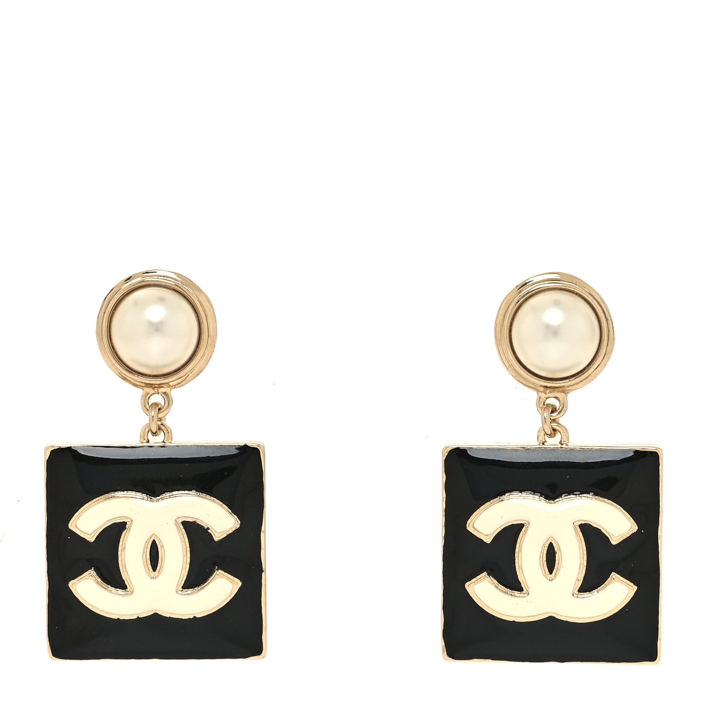 Metal Enamel Pearl Square CC Drop Earrings Gold Black White