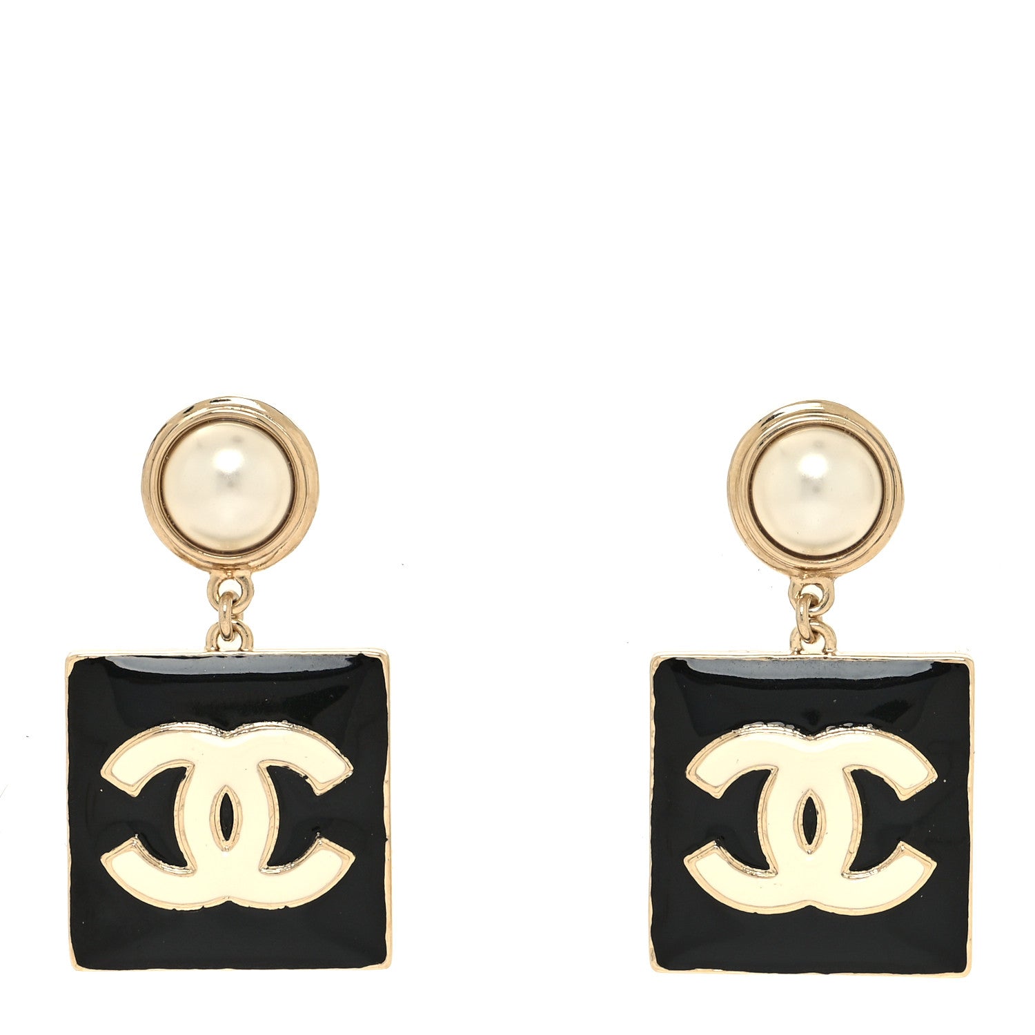 Chanel Metal Enamel Pearl Square CC Drop Earrings Gold Black White 1 of 4