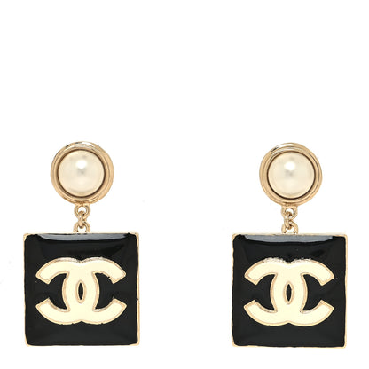 Chanel Metal Enamel Pearl Square CC Drop Earrings Gold Black White 1 of 4