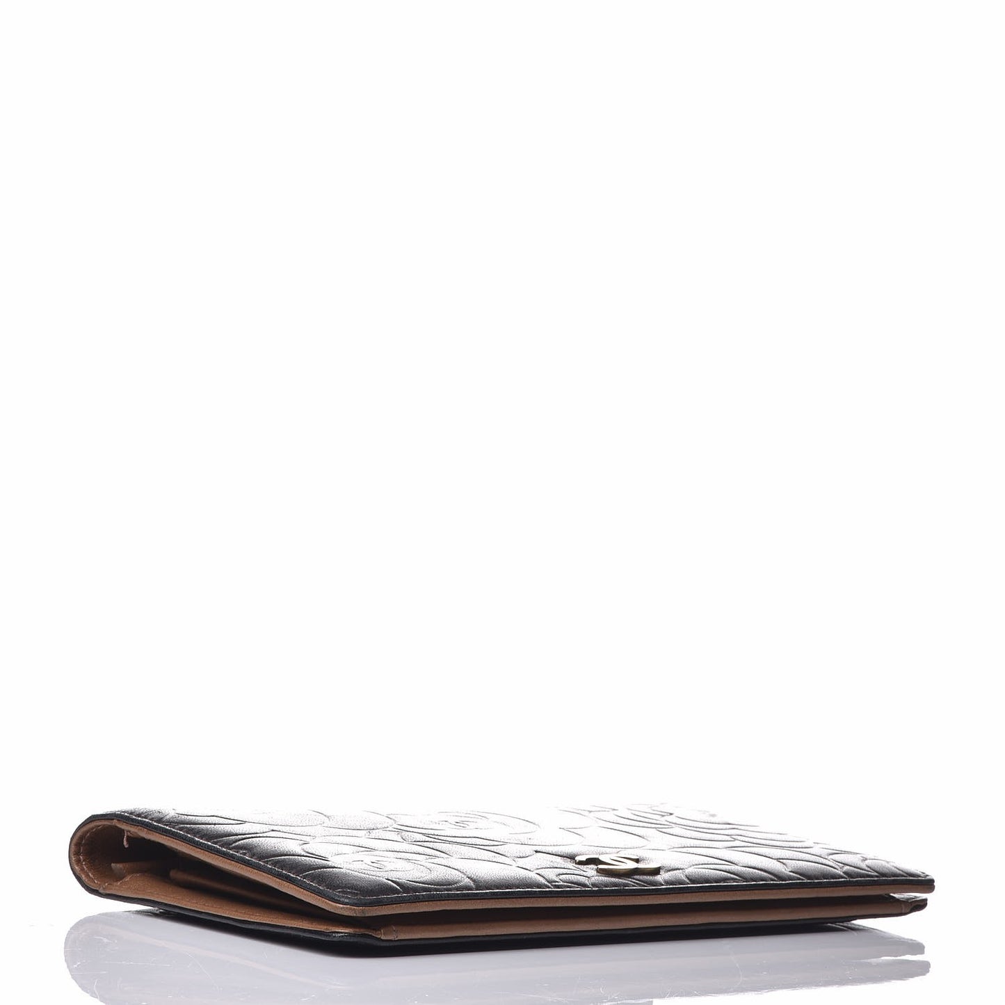 Metallic Lambskin Camellia Embossed Yen Wallet Brown